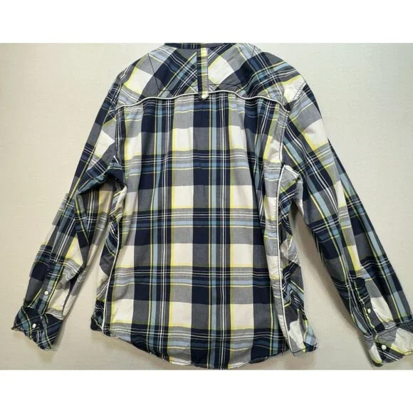 BKE Mens Athletic Fit Button-Up Shirt Sze L Navy/Yellow Plaid Casual Long Sleeve - Picture 10 of 10